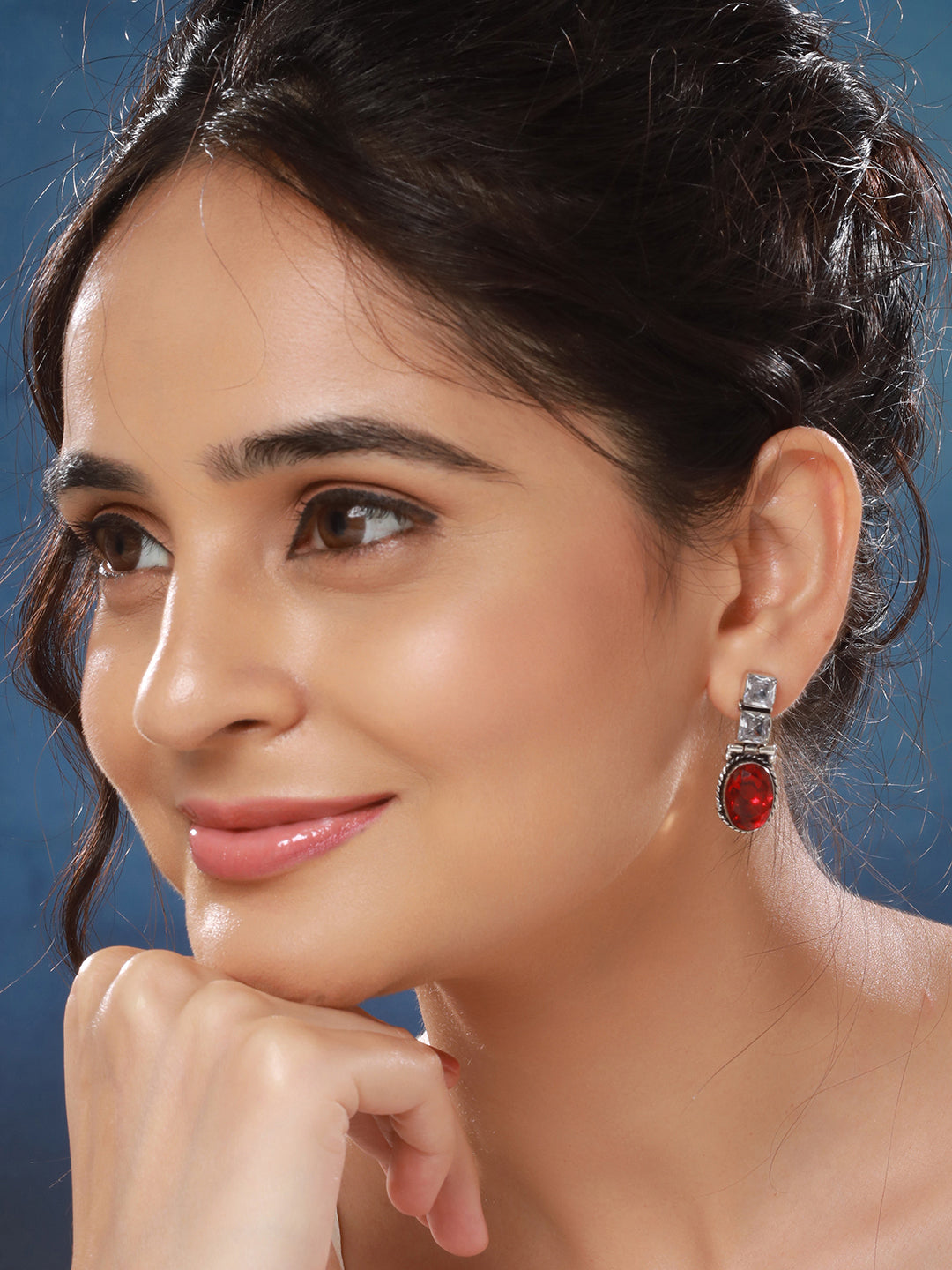 Oxidised Silver Toned Red Stone Studded Minimal Drop Earrings